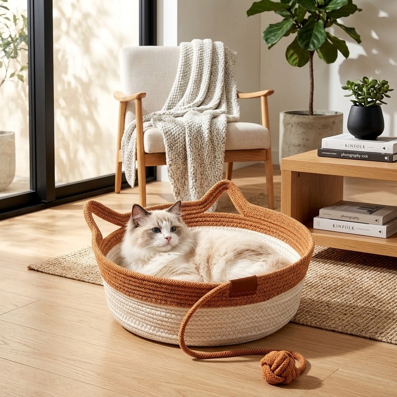 Furniture Hardware For Bed - 35/40/46cm手編み綿ロープ猫用バスケットベッド、猫耳ハンドル付きボールおもちゃ、室内猫用寝床バスケット