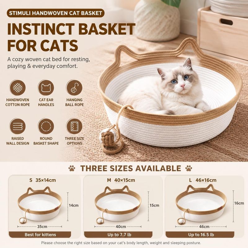 35/40/46cm手編み綿ロープ猫用バスケットベッド、猫耳 - Furniture Hardware For Bed のレビューと価格