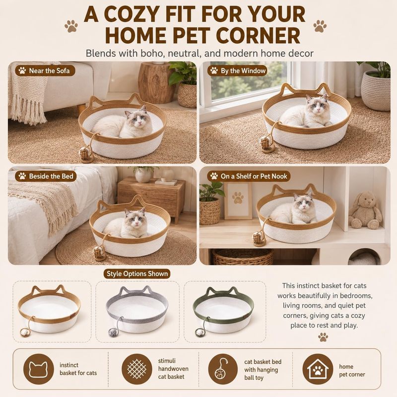 35/40/46cm手編み綿ロープ猫用バスケットベッド、猫耳 - Furniture Hardware For Bed のレビューと価格